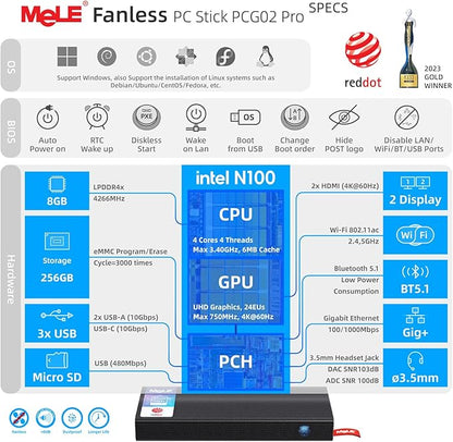MeLE PCG02 Pro Fanless N100 Mini PC Stick 8GB LPDDR4x 256GB eMMC Win11pro Slim Micro Computer Stick Dual HDMI 4K Display WiFi 5 BT5.1 GbE, Support PD3.0 Protocol, on IoT, Digital Signage, MES, WMS