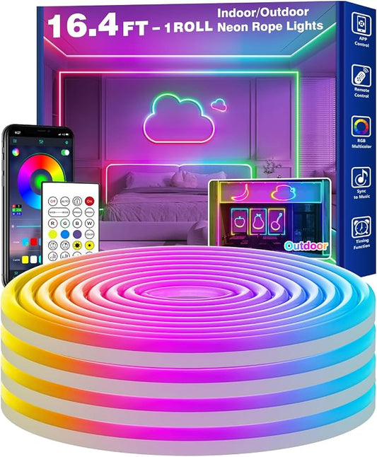 RCUICA 16.4FT LED Neon Rope Lights Waterproof with Smart App Control Remote,DIY Scene Modes,Music Sync hronization,Eaves Lights for Garden Decor,Deck,Christmas