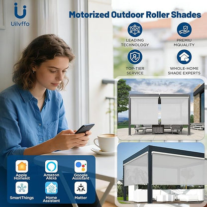 Motorized Outdoor Shades, Custom Patio Roller Blinds with Remote, Smart Exterior Sun Shades Compatible with Alexa, HomeKit, Google Home (3% Openness Sliver)