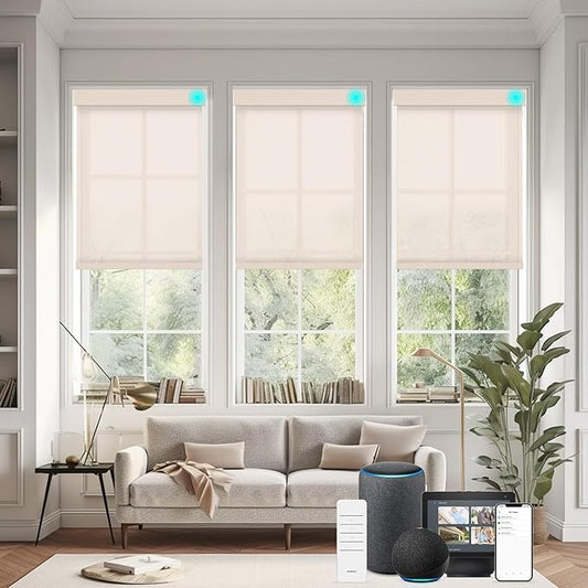 Changshade Smart Roller Shade with Remote Control Light Filtering Automatic Window Shades for Home Custom Size Motorized Blinds for Windows Compatible with Alexa,Google Home,Apple Homekit, Beige