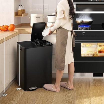 Goplus 16 Gallon/ (2x30L) Stainless Steel Trash Can, Kitchen Trash Bin w/Dual Removable Inner Buckets, Soft Closure & Step-on Pedal, Deodorizer Compartment, Garbage Bin for Recycling, Black