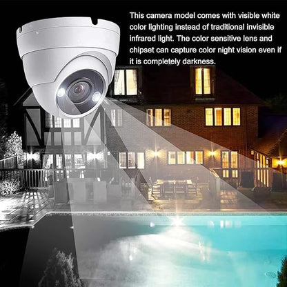 Real HD 5MP Full Color Night Vision Dome TVI CCTV Security Camera with Visible White LED Lights, 65ft Night Vision, 2.8mm Wide Viewing Angle, Outdoor, Full Metal, ONLY Compatible with 5MP and 8MP DVR