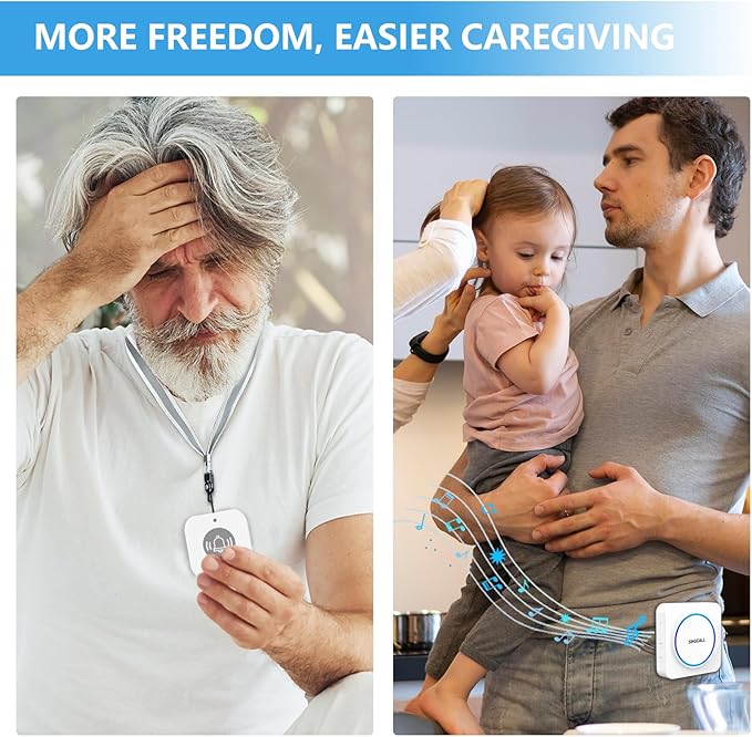 SINGCALL Wireless Caregiver Pager Panic Alarm System Personal Alarm for Elderly/Kids/Pregnant/Patients/Care Home/Hospital 32 Chimes&0-100dB Volume 1 Rechargeable Portable Receiver+ 1 Panic Call Button
