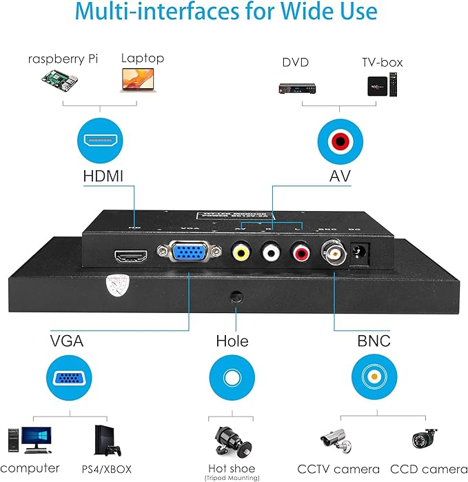 8" Mini Security Monitor, Portable 1280x720 Metal Screen, HDMI/VGA/AV/BNC Input, Built-in Speakers & Remote, for CCTV Surveillance and Security Systems