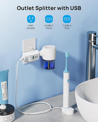 TROND Multi Plug Wall Outlet with USB C PD 20W, 2 AC Sockets | 3-Side Design Wall Outlet Extender, for Home Office Cruise Travel Essentials, White
