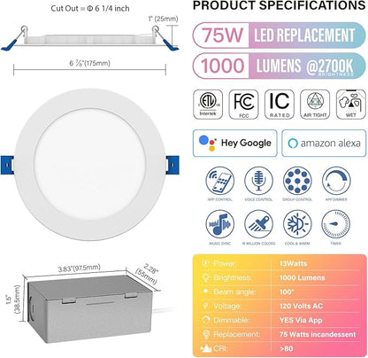 6 Inch LED Smart Slim Recessed Pot Light, WiFi APP& Voice Control, 120V, 13W, 1000LM, RGB + 2700K-6000K, ETL& FCC & IC Rated, Wet Location, Compatible With Alexa/Google Home, White - 12 Packs