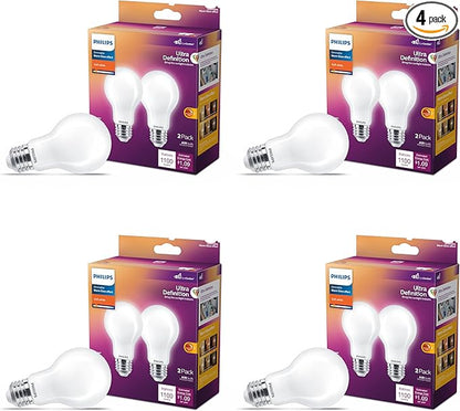 Philips LED 75W A19 8-Pack Ultra Definition Soft White (2700K) 1100 Lumen (9W = 75W) Dimmable Frosted Flicker-Free Light Bulbs
