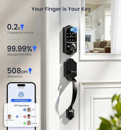 Veise VE017-H Fingerprint Smart Front Door Lock Set, App Control, 8-in-1 Keyless Entry Deadbolt with Zinc Alloy Handles, Emergency Power Port, Touchscreen Keypad, Auto Lock, Easy Install, Matte Black