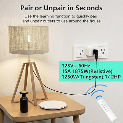 G-Homa Remote Control Outlet, Wireless Electrical Outlets Switch Plug for Household Appliances, Christmas Lights, 100FT Long Range, Learning Code, 1875W/15A, FCC & ETL Listed (5 Sockets+2 Remotes)