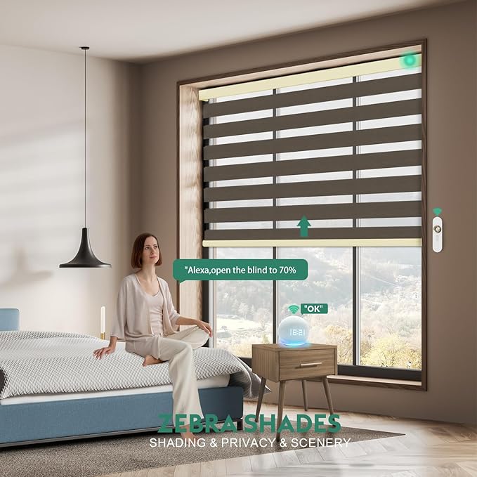 Motorized Zebra Blinds with Remote, Work with HomeKit Alexa Automatic Electric Window Shades 90% Blackout Light Filtering for Smart Home and Office, Customized Size Sheen Brown