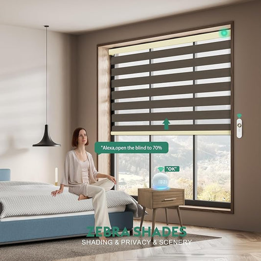 Motorized Zebra Blinds with Remote, Work with HomeKit Alexa Automatic Electric Window Shades 90% Blackout Light Filtering for Smart Home and Office, Customized Size Sheen Brown