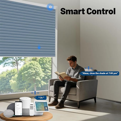 Motorized Cellular Shades with Remote, Blackout Smart Cellular Shades Compatible with Alexa, Cordless Honeycomb Window Blinds for Bedroom Home Office, Custom Size, Blackout Blue