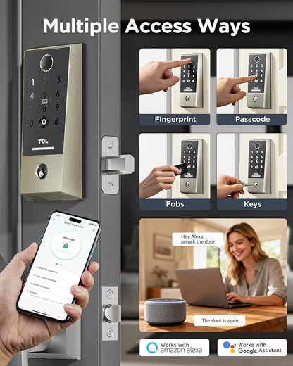 TCL Smart Lock D2 Plus, Keyless Entry Fingerprint Door Lock, Touchscreen Keypad Deadbolt Lock, Built-in Doorbell, Auto Lock, App Control, Alexa, Google Home Compatible, Easy Install for Front Door