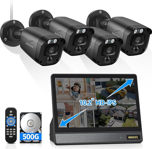 3K 5MP Wired CCTV Security Camera System with 122° Ultra Wide Angle, 4CH DVR with Monitor, 4X IP66 Indoor Outdoor Cameras, 65ft IR Night Vision, Free App, No Subscription Fee, Remote Access