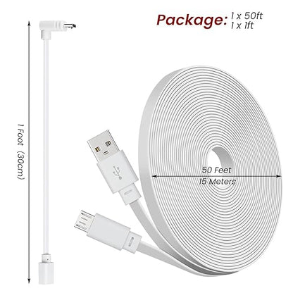 weishan 50ft Power Cable for Wyze Cam v4,Wyze Cam Pan v3,Wyze OG, v3 Pro Security Cameras - 15m Long Flat Extension Micro USB Charging Cord with L-Shaped Short Adapter and 18W Fast Charger, White
