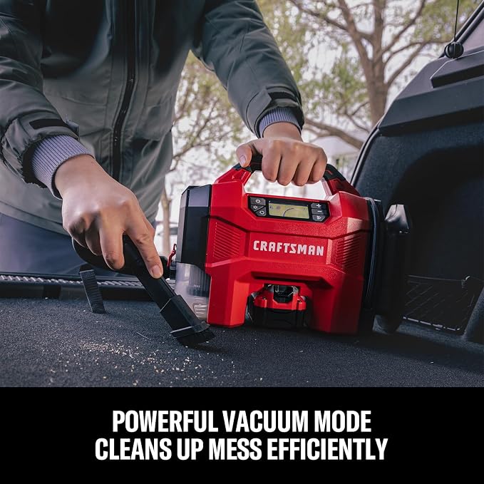 CRAFTSMAN 3-in-1 Tire Inflator, 160PSI Portable Air Compressor/Car Vacuum/Dust Blower, 20V Cordless & 12V Car Power, Air Pump with LED Light for Cars Trucks RV Tires (Battery Sold Separately)