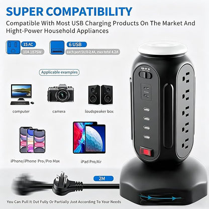 Power Tower with Retractable Cord, Surge Protector Tower with PD 30W USB-C (Single Port 30W/2 Ports 15W Each), 15 AC Outlets, 6.5ft Flat Plug, High-Power Fast Charging Station for Home and Office