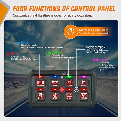 Nilight 8 Gang Switch Panel Red 12V 24V Circuit Control Relay System 4-Mode | Fuse Wiring Harness Automatic Dimmable LED Pod Toggle/Momentary/Strobe/Flash Modes for Car Pickup Truck Camper SUV