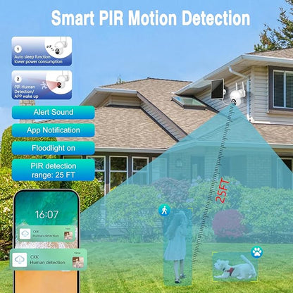 CKK 3K Solar Security Camera Wireless Outdoor, 360 Degree PTZ, PIR Motion Detection, Color Night Vision, 2-Way Talk, IP66 Waterproof, Audible & Floodlight Alarm for Home, Garage and Yard