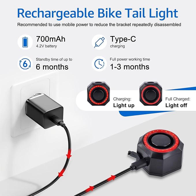 NineLeaf Bicycle Tail Light Rechargeable,Bike Tail Light with Alarm and Remote,Bike Alarms for Ebikes,IP65,113dB Alarms, Level 7 Sensitivity, Auto ON/Off Bike Tail Light with Smart Brake Lights