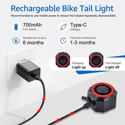 NineLeaf Bicycle Tail Light Rechargeable,Bike Tail Light with Alarm and Remote,Bike Alarms for Ebikes,IP65,113dB Alarms, Level 7 Sensitivity, Auto ON/Off Bike Tail Light with Smart Brake Lights