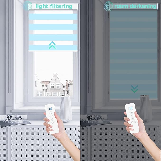 MING CHEN Motorized Blinds with Remote, Built-in Rechargeable Motor Smart Automatic Window Shades, Custom Size Electric Zebra Blinds Compatible with Alexa Google (70% Blackout Blue)