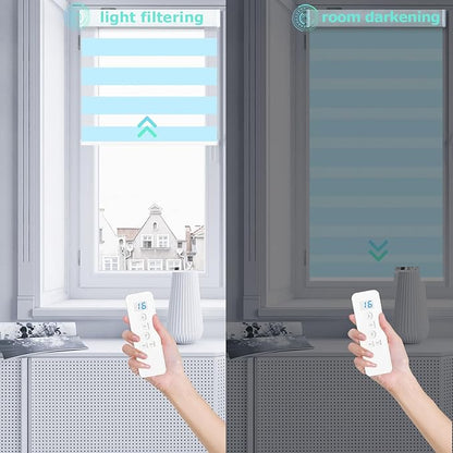 MING CHEN Motorized Blinds with Remote, Built-in Rechargeable Motor Smart Automatic Window Shades, Custom Size Electric Zebra Blinds Compatible with Alexa Google (70% Blackout Blue)