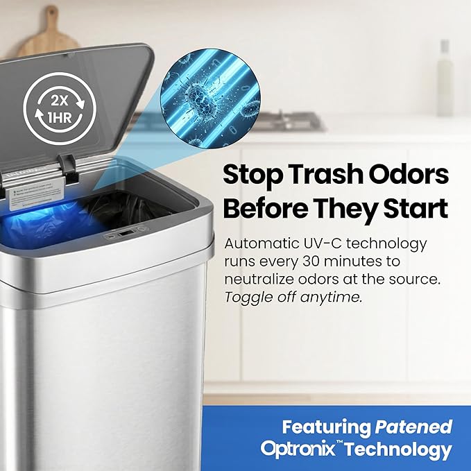 Ninestars 13 Gallon Odor Neutralizing Smart Trash Can, UV + Ozone Dual Purification, Odor Control Motion Sensor Garbage Bin, Universal Power Adapter, ONT-50-81SL Stainless Steel, Silver, Nova Series