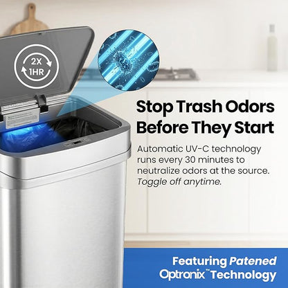 Ninestars 13 Gallon Odor Neutralizing Smart Trash Can, UV + Ozone Dual Purification, Odor Control Motion Sensor Garbage Bin, Universal Power Adapter, ONT-50-81SL Stainless Steel, Silver, Nova Series
