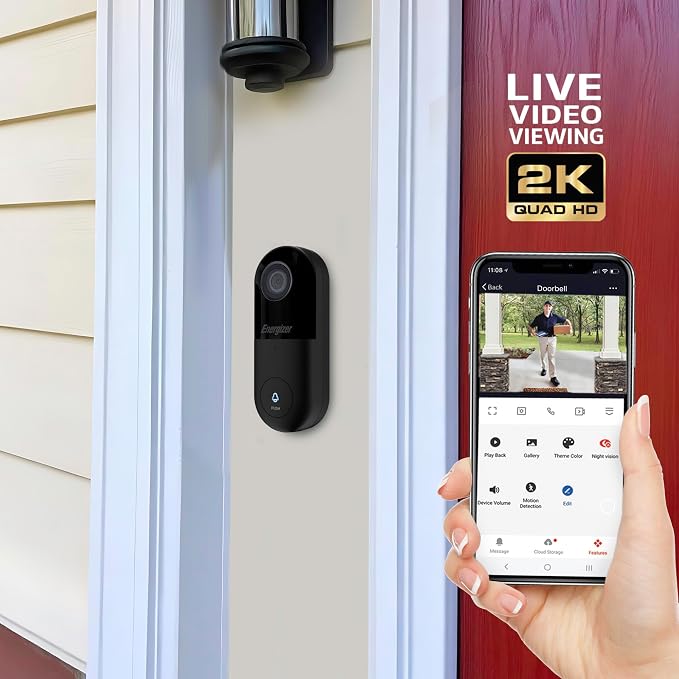 Energizer Smart 5GHz 2K Doorbell, Wired Video Doorbell Security Camera, 2-Way Audio, Night Vision, Cloud & Micro SD Storage, Remote Access, Instant Motion Sensor, Live Viewing, Requires Existing Wires