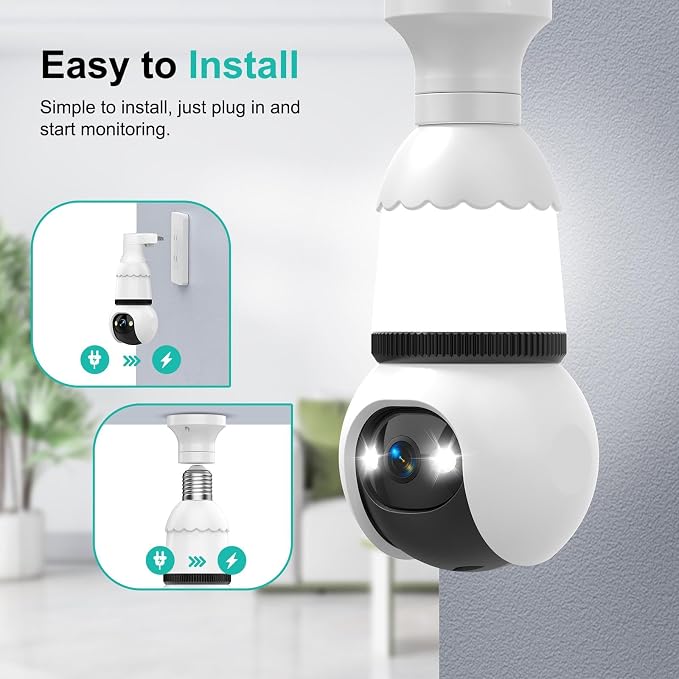 Hawkray Light Bulb Security Camera, 2 Pack, 2.4GHz & 5GHz Dual Band WiFi, 2K Full Color Night Vision, 360° Pan Tilt Wireless Indoor Outdoor Camera with Motion Detection, Two-Way Audio, Siren Alarm
