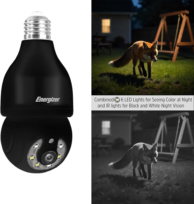 Energizer Smart Outdoor 2K QHD Security Socket Camera, 5GHz & 2.4 GHz Dual Band, Pan & Tilt Motion Tracking, 2-Way Audio, Night Vision, Recording, Instant Alerts, Voice Control with Google & Alexa,