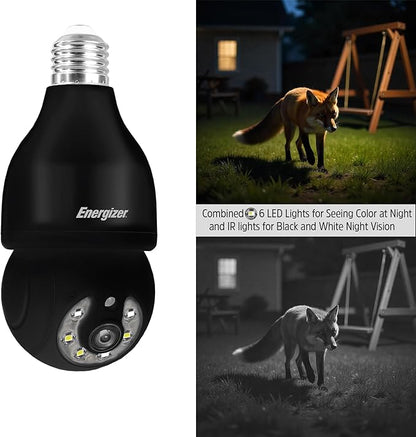Energizer Smart Outdoor 2K QHD Security Socket Camera, 5GHz & 2.4 GHz Dual Band, Pan & Tilt Motion Tracking, 2-Way Audio, Night Vision, Recording, Instant Alerts, Voice Control with Google & Alexa,