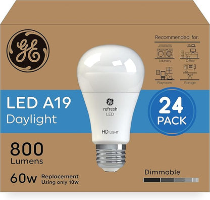 GE Refresh HD LED Light Bulbs 60W Replacement, Daylight, A19 General Purpose, Dimmable, Energy-Saving Bright White Light for Active Spaces, 10W 800 Lumens, Long-Lasting (24 Pack)