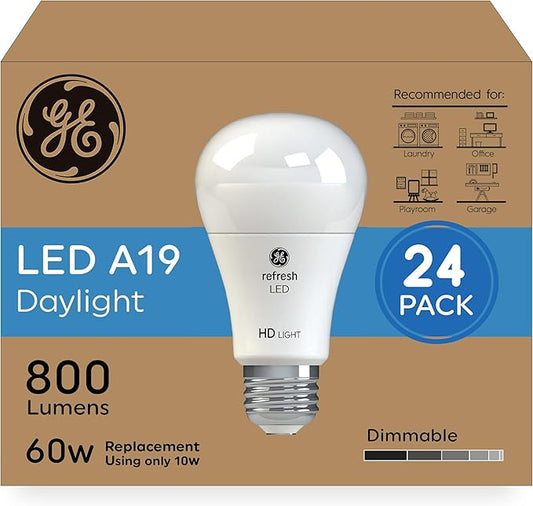 GE Refresh HD LED Light Bulbs 60W Replacement, Daylight, A19 General Purpose, Dimmable, Energy-Saving Bright White Light for Active Spaces, 10W 800 Lumens, Long-Lasting (24 Pack)