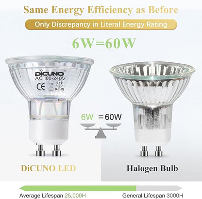 DiCUNO GU10 LED Light Bulbs, 6W 60W Halogen Replacement, Warm White 2700K, 700lm, Full Glass Cover 120 Degree Beam Angle, 120V, MR16 GU10 LED Non-dimmable, Spotlight Track Lighting, 6-Pack