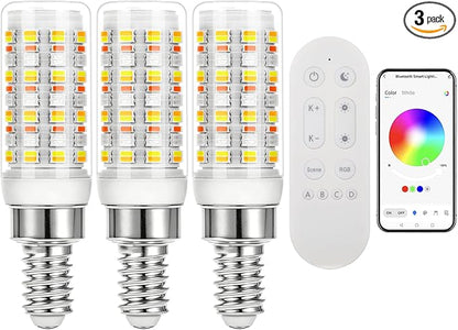 E12 LED Bulb, Smart Bluetooth RGB Light Bulb with Remote & APP Control, AC 120V,4W 400LM,2700K-6500K Dimmable White,16 Million Colors,Brightness 1-100%,Timing & Music Mode (3 Pack with Remote Control)
