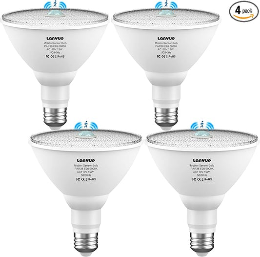 Motion Sensor Light Bulbs, Dusk to Dawn Outdoor Lighting, PAR38 Led Motion Sensor Flood Light 100 Watt Equivalent(15W), 6000K Daylight, Waterproof Outdoor/Indoor,(4 Pack)