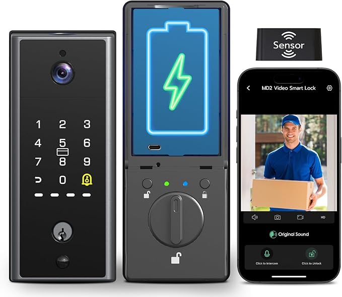 eLinkSmart Smart Door Lock with Camera Built-in WiFi Keyless Entry, Fingerprint Deadbolt with APP Remote Control, Temporary Codes, RFID/NFC, 37wh Battery, Auto Lock Magnetic Sensor, No Drilling
