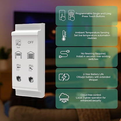 Slate Switch – Zigbee 3.0 Smart Wall Button Remote, Works with SmartThings, 8 Programmable Touch Buttons, Battery Powered, Includes Temperature Sensor