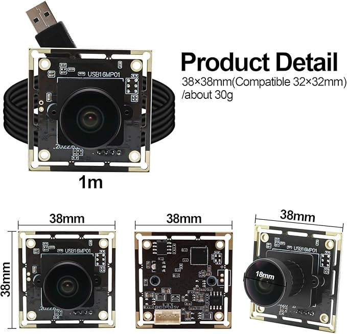 MMlove 16MP USB Camera Module Lightburn Camera 170° Wide Angle M12 Fisheye Lens with IMX298 Image Sensor Plug&Play Embedded Computer Webcam for HD Video Conference/Laptop/PC/Raspberry Pi