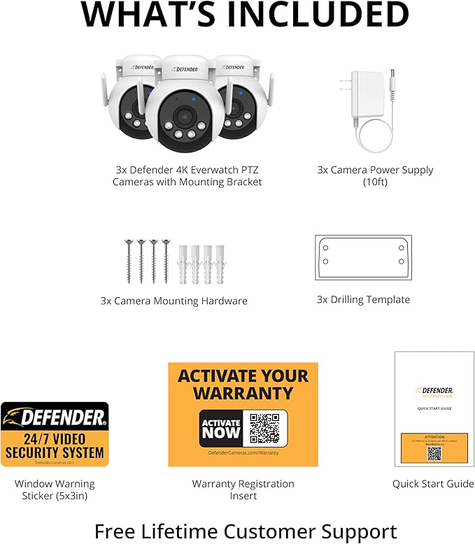 Defender AI Powered 4K Everwatch PTZ Plug in Outdoor Camera, AI Human/Vehicle Detection, WiFi 6/Bluetooth Wireless Camera, Color Night Vision, Deterrence, Mobile App, 3 Pack, Empower App