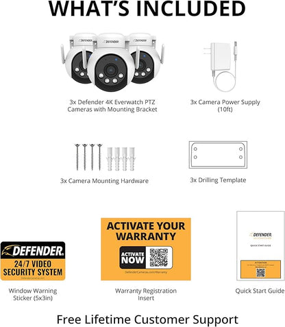 Defender AI Powered 4K Everwatch PTZ Plug in Outdoor Camera, AI Human/Vehicle Detection, WiFi 6/Bluetooth Wireless Camera, Color Night Vision, Deterrence, Mobile App, 3 Pack, Empower App