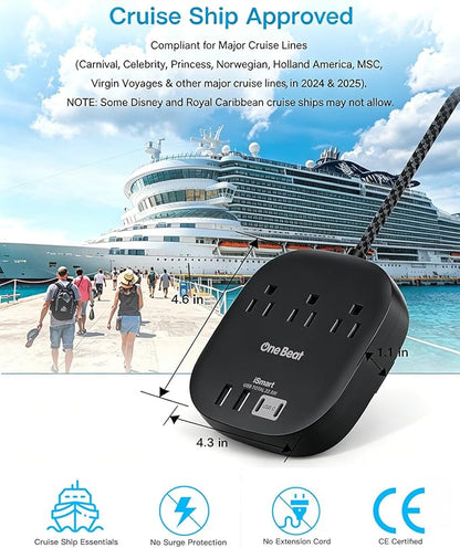 Cruise Ship Travel Essentials, 22.5W/4.5A Flat Plug Power Strip, 6Ft Extension Cord, 3 Outlets 4 USB Ports (2 USB C) Cruise Approved Power Strip No Surge Protection, Desktop Charging Station, Black
