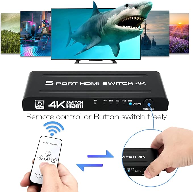 4K HDMI Switch 5 in 1 Out, 5 Port HDMI Switcher Selector Box with IR Remote Control & Auto Switch, Support 4K@30Hz, HDR, HDMI 1.4, HDCP, 3D, 1080P for HDTV PS3 PS4 Xbox Projector Blu-ray Player