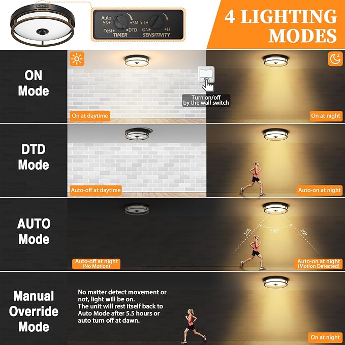 Motion Sensor Outdoor Ceiling Light, Outdoor Flush Mount LED Farmhouse Ceiling Light Fixtures, 12" Dusk to Dawn Porch Lights for Outdoor Ceiling, Rustic Ceiling Lamp for Entryway