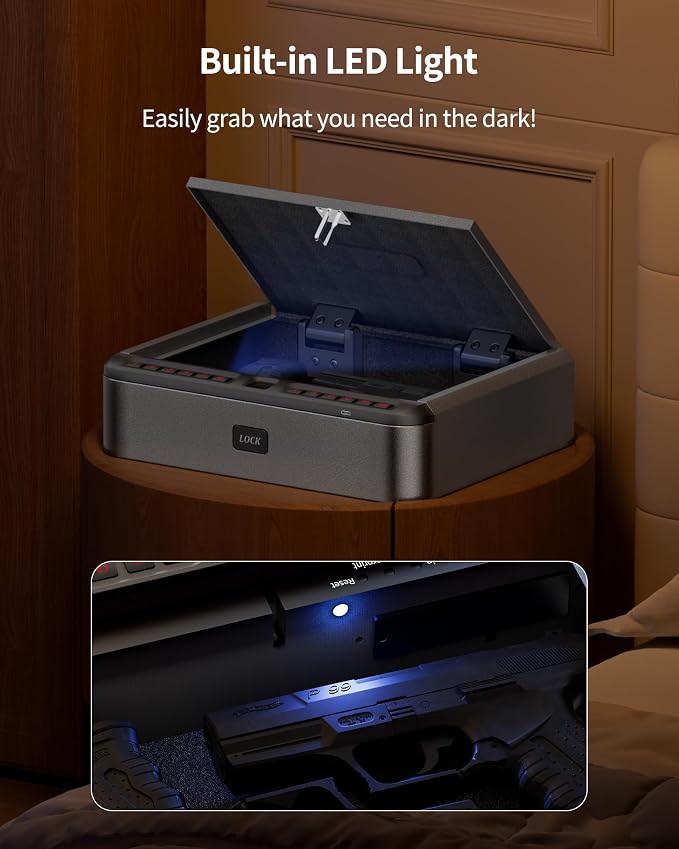 BILLCONCH Gun Safe for Handgun with Fingerprint, App, 0–9 Numeric Keypad | Smart Pistol Safe with 4 Quick-Access Methods, Built-in LED Light, Ideal Steel Biometric Handgun Safe for Nightstand and Home