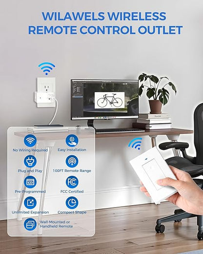 Mini Remote Control Outlet Wireless Light Switch, Programmable and Removable Remote Outlet Switch Kit for Lamps, Fan, Home Appliance, 100ft RF Range, No Wiring, FCC Listed W08RC1106
