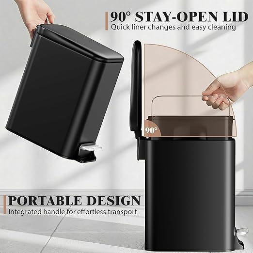 Small Bathroom Trash Can w/Lid Soft Close, 6 Liter/1.6 Gallon Stainless Steel Garbage Can w/Inner Bucket, Trash Bin Waste Basket for Kitchen, Bedroom, Living Room, Office, Toilet, Black