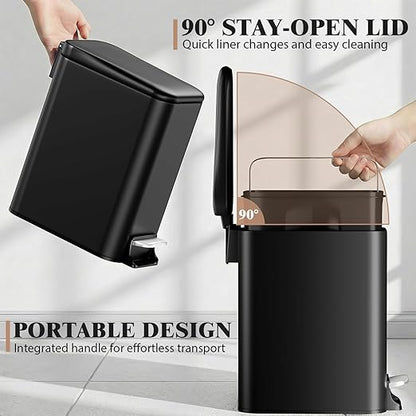 Small Bathroom Trash Can w/Lid Soft Close, 6 Liter/1.6 Gallon Stainless Steel Garbage Can w/Inner Bucket, Trash Bin Waste Basket for Kitchen, Bedroom, Living Room, Office, Toilet, Black